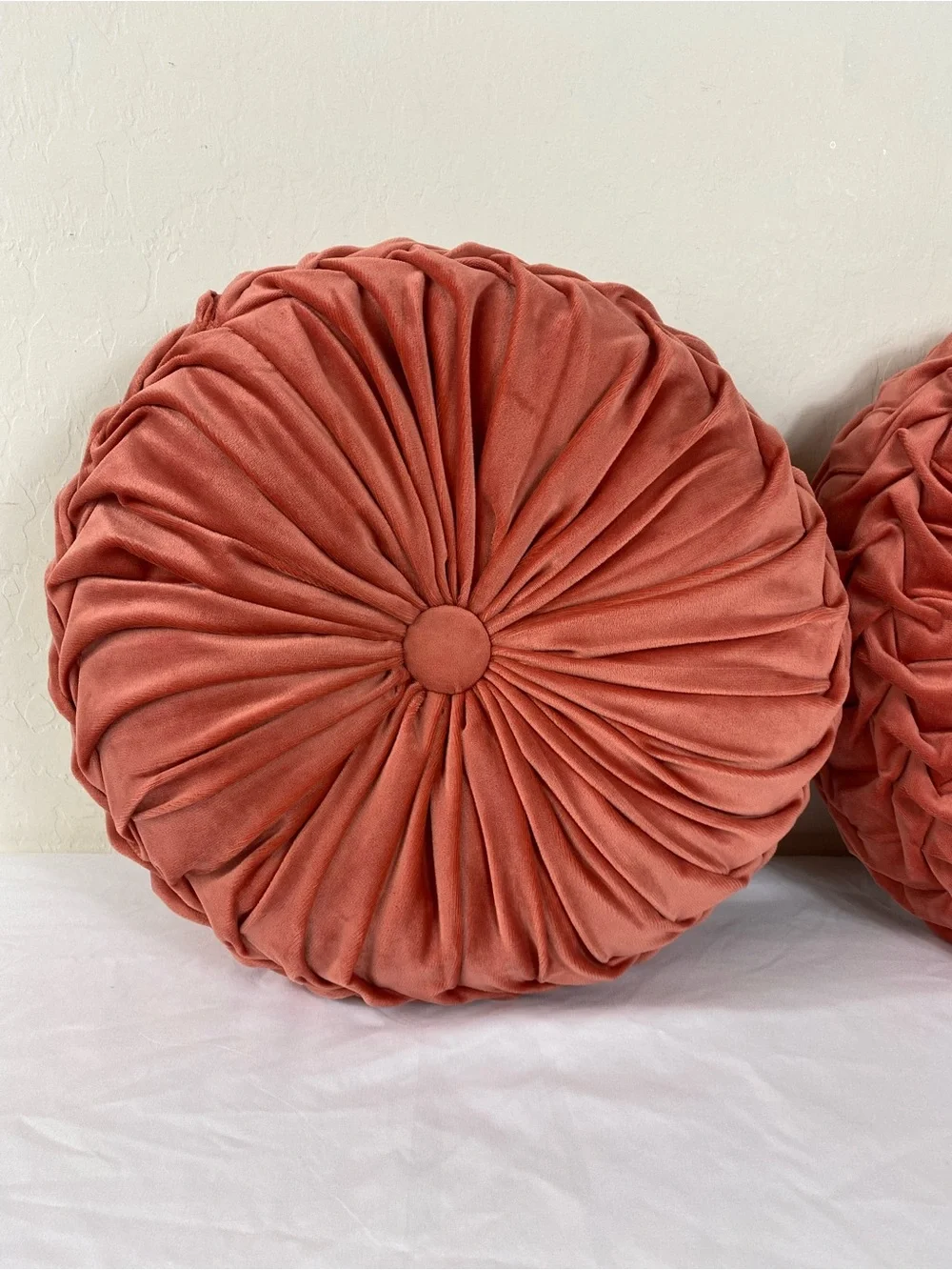 Pair Plush Round Velvet Ruched pleated Pillow in Coral Retro